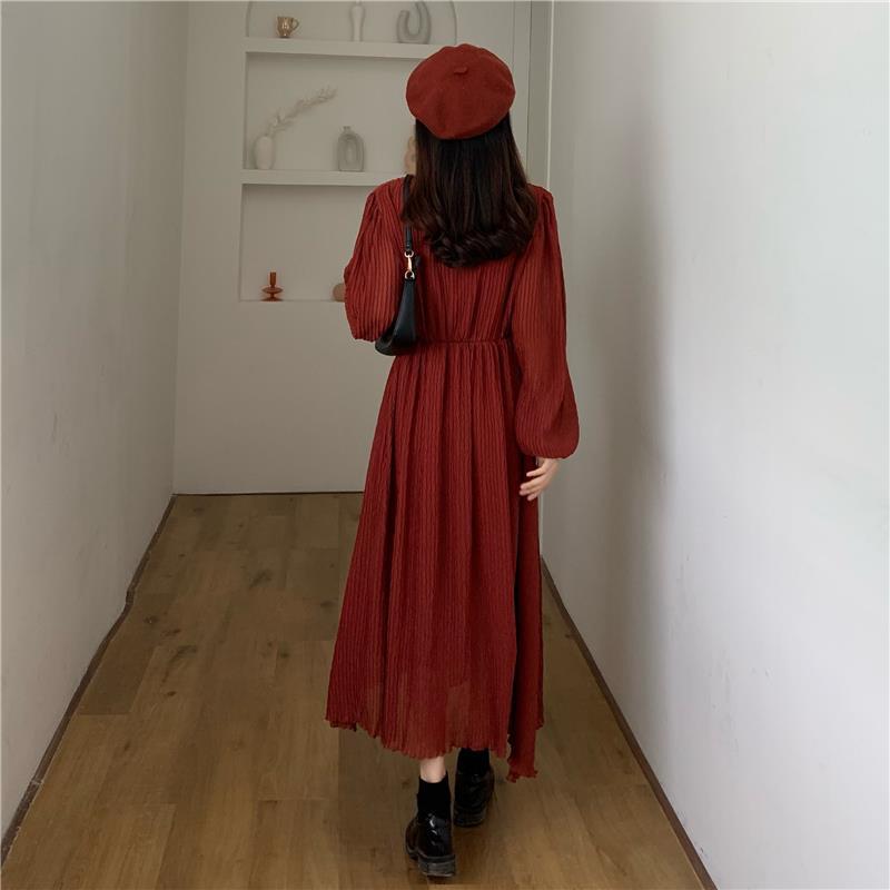 Spring Summer Women's Knee-length Dress French Gentle Wind V-neck Chiffon Solid Color Long-sleeved Dress