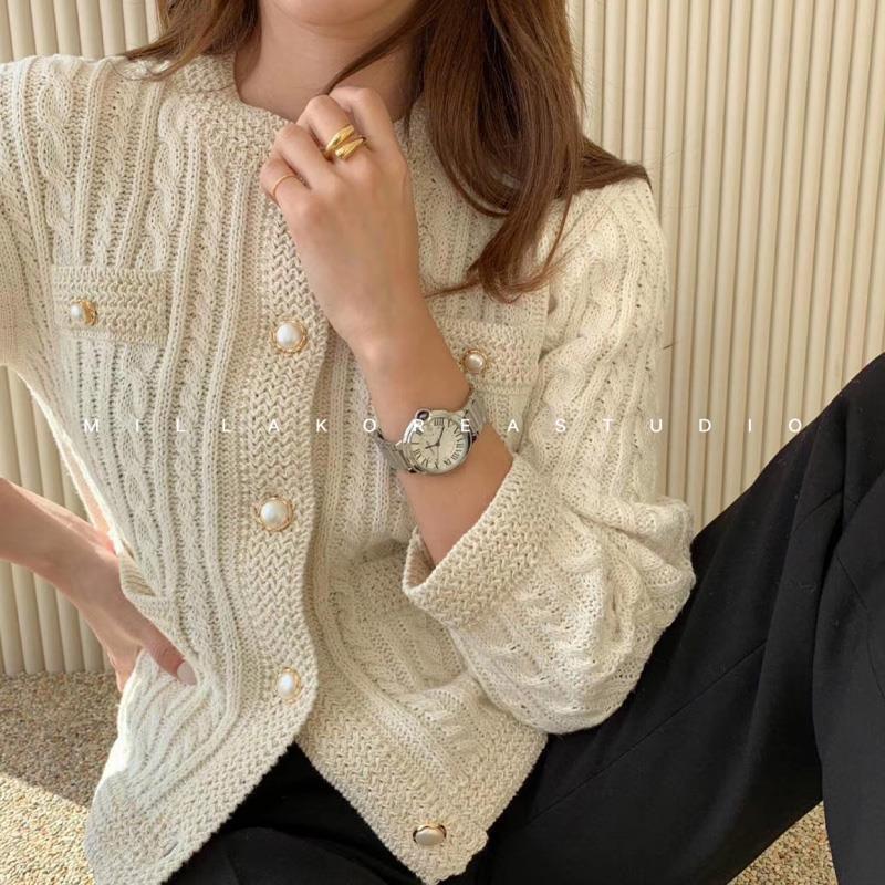 Autumn and Winter Short Knitted Sweater Pure Color Pearl Button Cardigan Top Fashion Simple Female Jacket