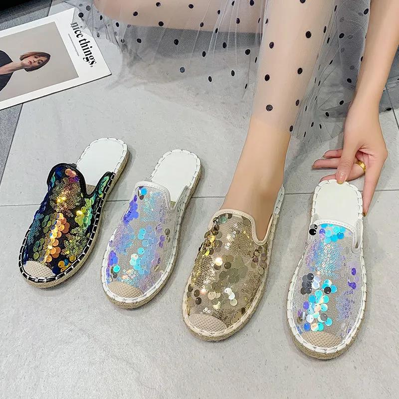 Baotou Half Slippers Female Summer Flat-bottomed Lazy One-step Outside Wear Net Red Sequin Fisherman Sandals and Slippers