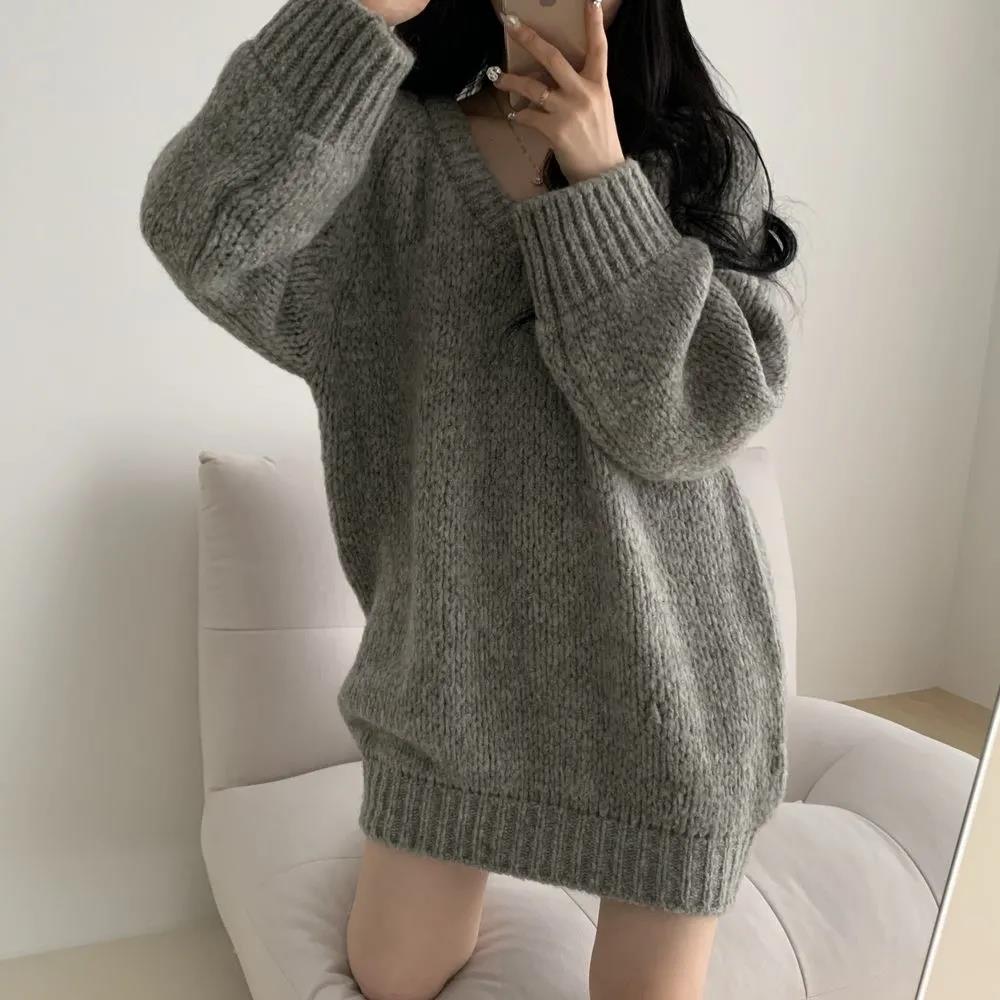 Loose V-neck Loose Sweater Women's Spring and Autumn Clothes Are Thin and Versatile Mid-length Lazy Style Sweater Sweater Top Oversizedsweater