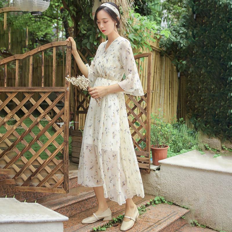 Spring Summer Women's French Floral Chiffon Dress Long Sleeve Printing Casual Sexy V-Neck Vintage Boho Maxi Dresses Party