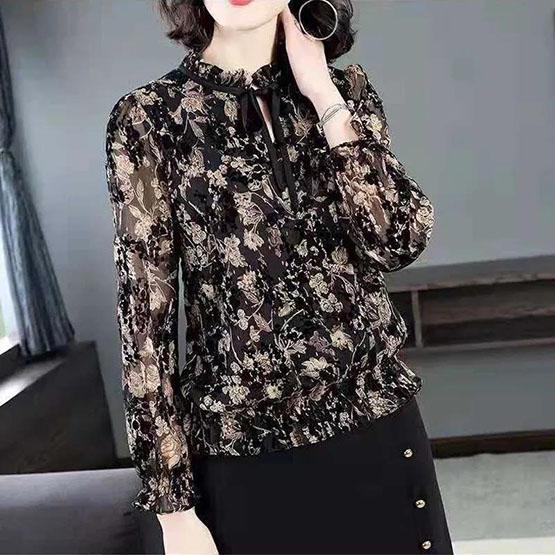 s-6XL Women's Chiffon Shirt Spring and Summer Printing Large Size Blouse Loose Slim Casual Bottoming Shirt Top