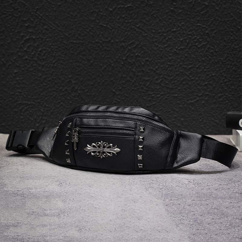 Waist Bag Men's Waterproof with Headphone Hole Rivet Crossbody Outdoor Sports Hip Hop Shoulder Bag