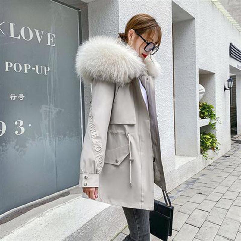 Pai Overcome Female Winter Big Fur Collar New Student Rex Rabbit Fur Liner Embroidery Mid-length Fur Coat