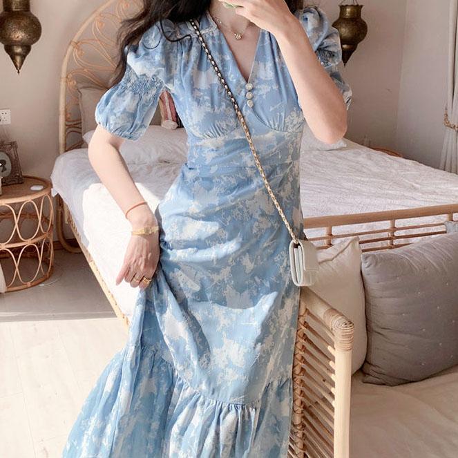 Female Summer Vintage Elegant Holiday Dress Slim High Waist Super Fairy Little Fresh Floral Print Dress