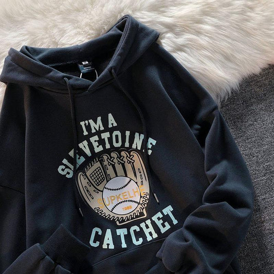 American Retro Street Trend Baseball Glove Printed Hooded Men's Long-sleeved Solid Color Printed Sweater Loose All-match
