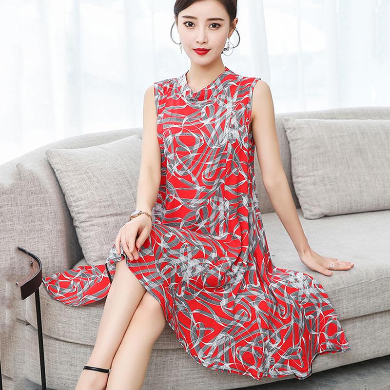 Women Cotton Silk Dress Summer Mother Sleeveless Mid-length Loose Large Home Night Skirt Beach Skirt