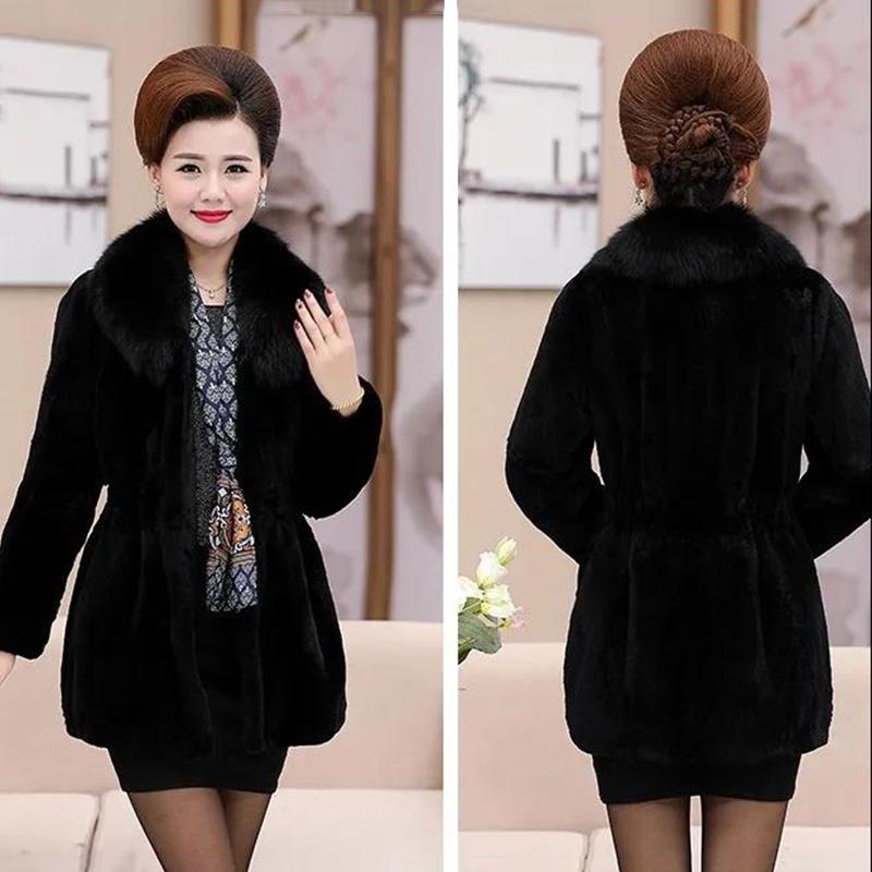 Temperament Faux Fur Mid-length Faux Rex Rabbit Fur Warmth and Slim Slim Fur Coat Imitation Fox Fur Collar Warm Cotton Coat