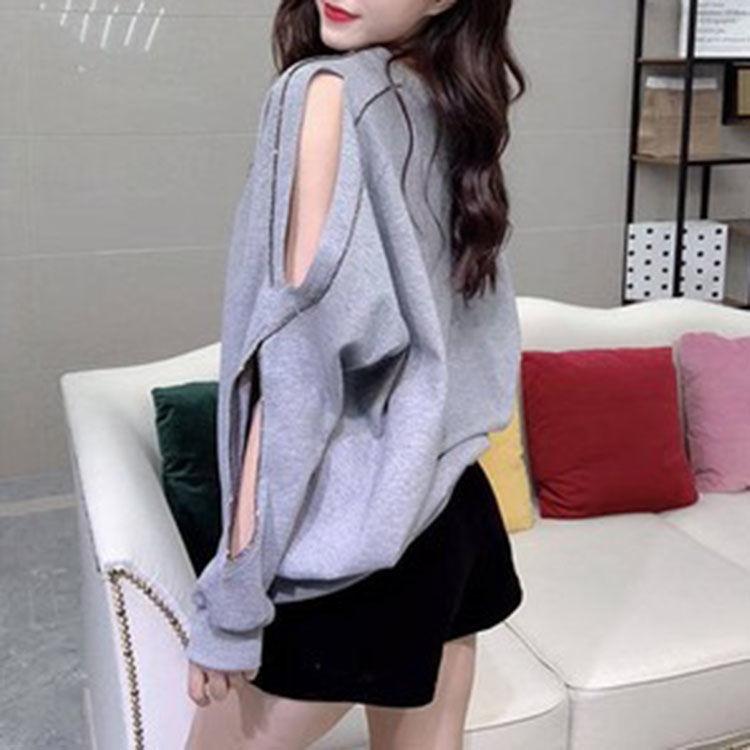 Women's Loose Fashion Sweater Spring and Autumn Hollow Beaded Jacket Off-shoulder Thin Top