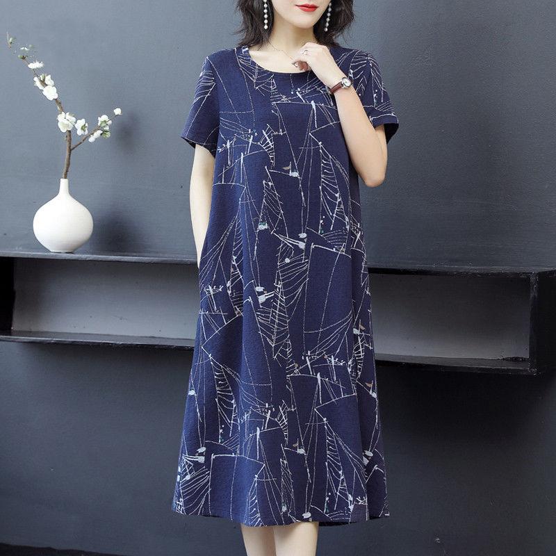 Women's Summer Plus Size Dress Loose Casual Mid-length Over-the-knee Round Neck Pocket Short-sleeved Printed Skirt