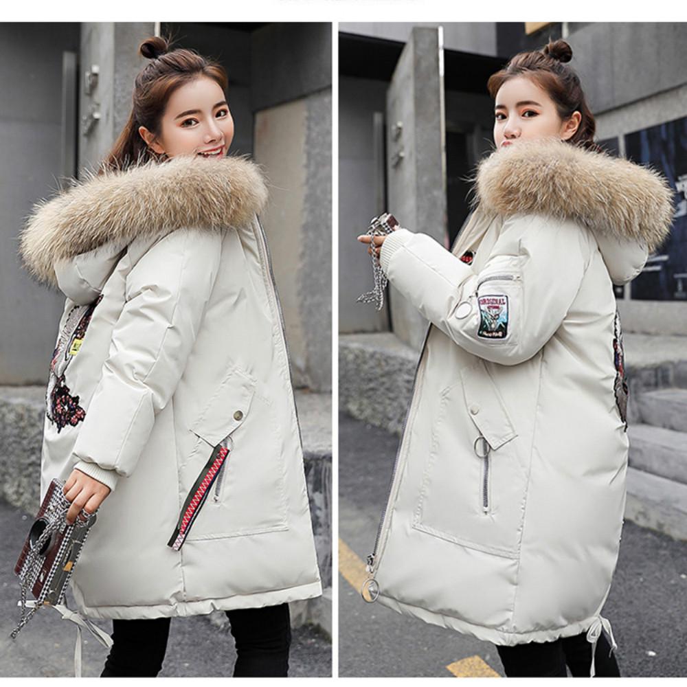 Women Elegant Lady Faux Large Fur Collar Hooded Down Parkas Thick Warm Cotton-Padded Long Jacket