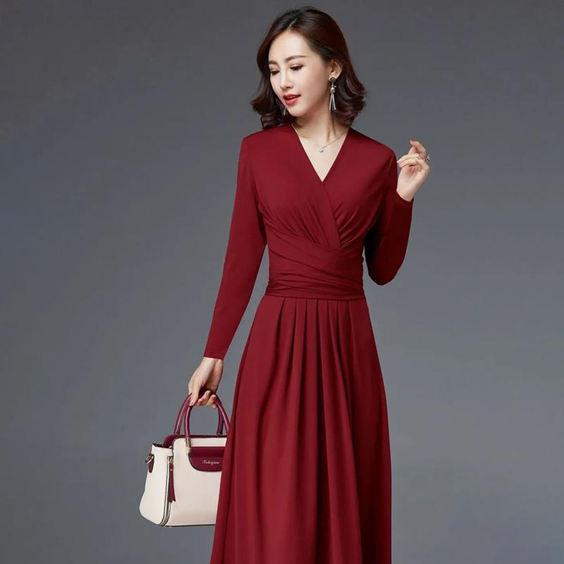 Elegant V-neck Slim Dress Banquet Vacation Mid-length Over-the-knee Long Skirt Waist Waist Slim V-neck Long Skirt A-line Skirt