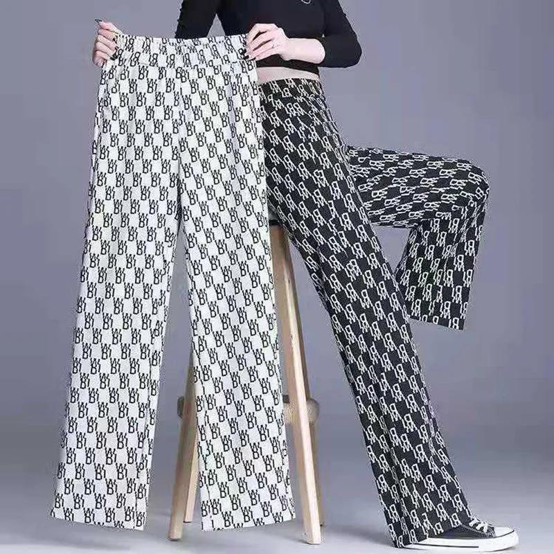 Wide Leg Pants Women's High Waist Vertical Printed Pants Spring and Autumn Loose Thin All-match Straight Casual Trousers