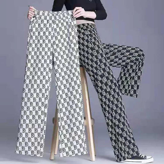 Wide Leg Pants Women's High Waist Vertical Printed Pants Spring and Autumn Loose Thin All-match Straight Casual Trousers