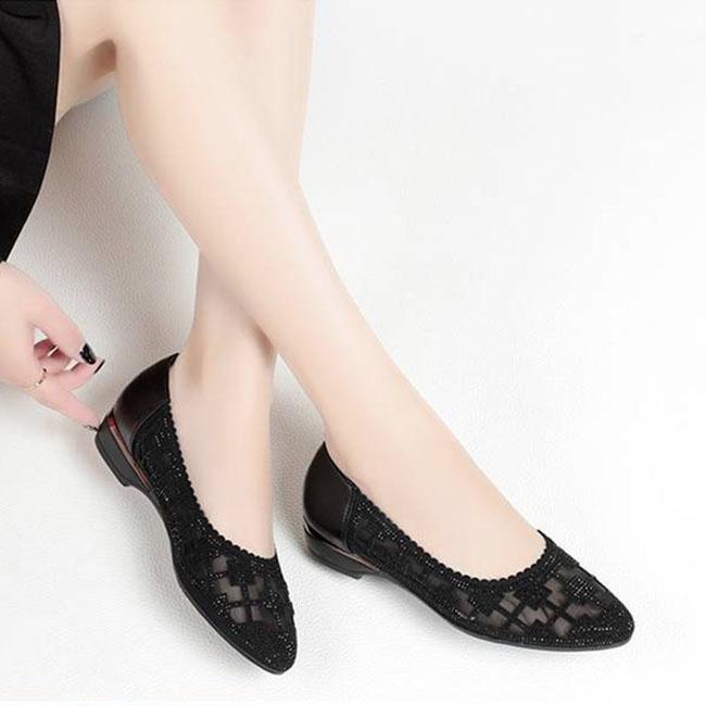 Sandals Women's Bag Skirt Flat Hollow Mesh Single Shoes Spring and Summer Low Heel Shoes Flat Shoes Black Casual Shoes