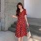 Women's Summer Square Neck Floral Skirt Puff Sleeve Mid Length Slit Dress