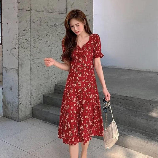 Women's Summer Square Neck Floral Skirt Puff Sleeve Mid Length Slit Dress