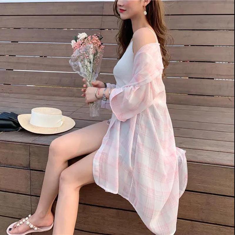 Over The Knee Long Sun Protection Clothing Women Loose Fat MM Plaid Chiffon Shirt Sun Protection Clothing Large Loose Long Coat