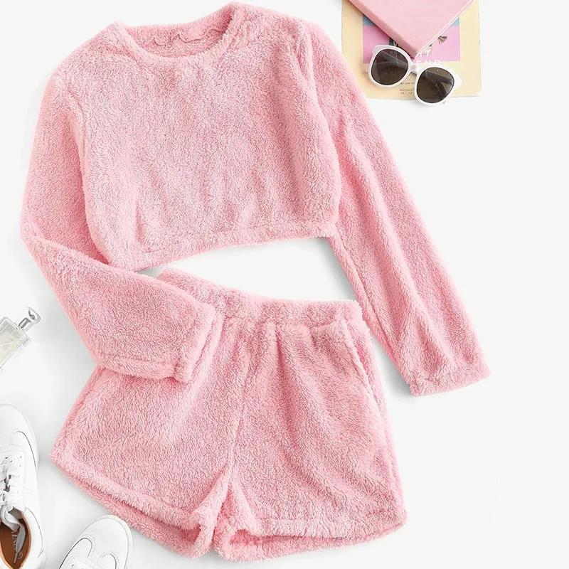 Women's Coral Fleece Double-sided Fleece Homewear Long-sleeved Top Shorts Suit Sexy Sports Outerwear Pajamas Set Winter Warm Pyjamas Suits