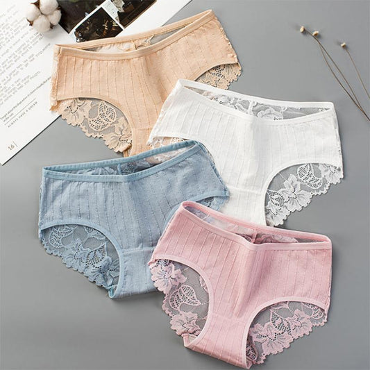4 Pairs of Women's Cotton Korean Underwear Antibacterial Seamless Breathable Sexy Underwear Lace Mid-waist Ladies Panties