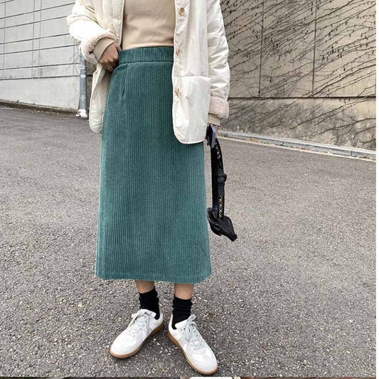 Corduroy Skirt Female Autumn and Winter Korean Version Was Thin and Wild Thick Retro High Waist Bag Hip Mid-length A-line Skirt