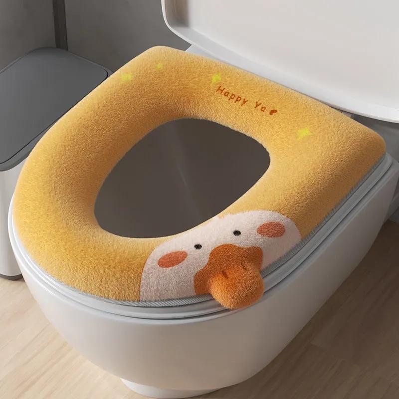 Toilet Seat Cover Winter Thick Warm Toilet Seat Cushion Bathroom Lavatory Cover Mat Washable Duck Cartoon Cute Universal Toilet Seat Cover with Handle