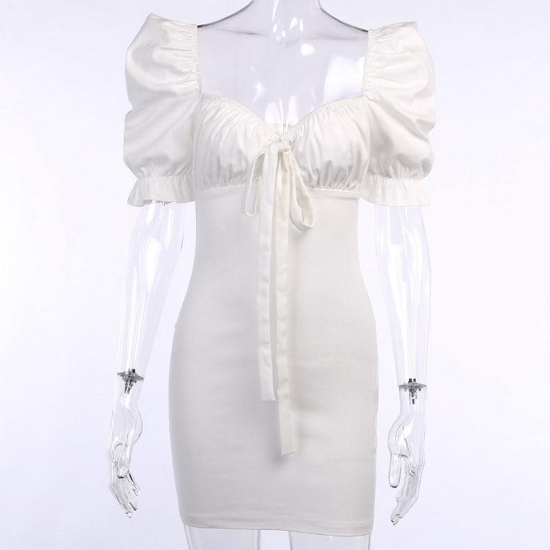 Retro Square Collar Dress Female Summer New Slim Slimming Bow Temperament Bubble Sleeve Bag Hip Skirt
