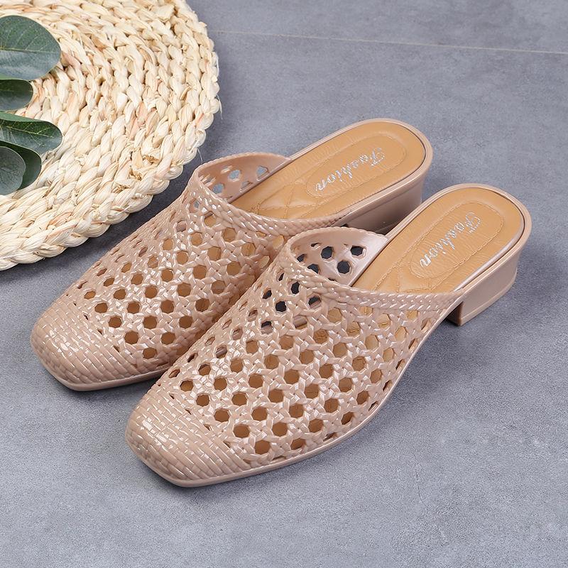 Beach Slippers Women Wear Baotou Summer Middle Heel Mother Shoes To Increase Outdoor All-match Non-slip Slippers High Heels