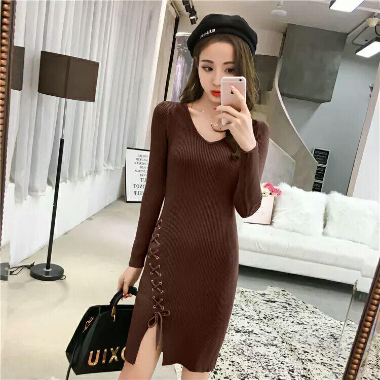 Pofulove Hip Sweater Dress Winter Women's Slim Fit Hedging Mid-length Bottoming Knitted Sweater