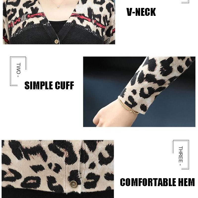 Women's Printed Wool Cardigan Thin Knitted Leopard Cardigan All-match Short  V-neck Knit Jacket Outwear
