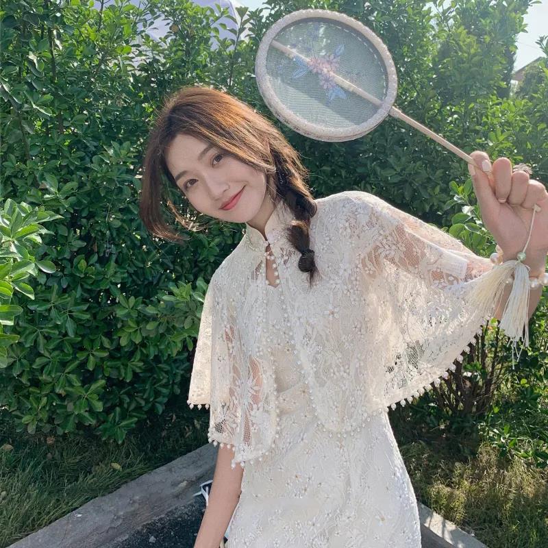 Pearl Trim Lace Cardigan Women Sun Protection Summer Short Solid Color Thin Shawl 1 PCS Elegant Cardigan