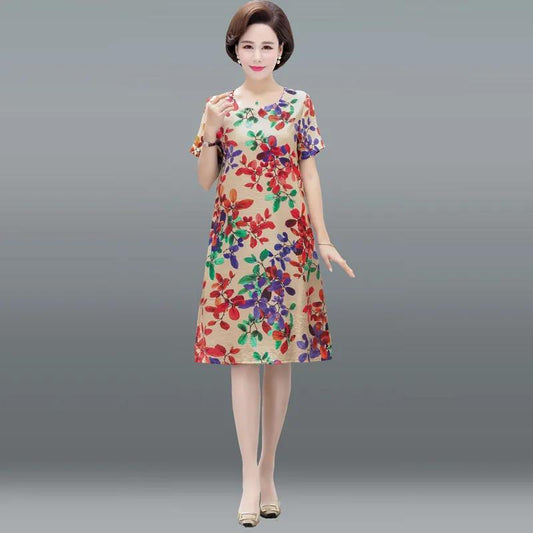 Female Vintage High Waist Holiday Dress Elegant Large Size Slim Floral Print Casual Dress
