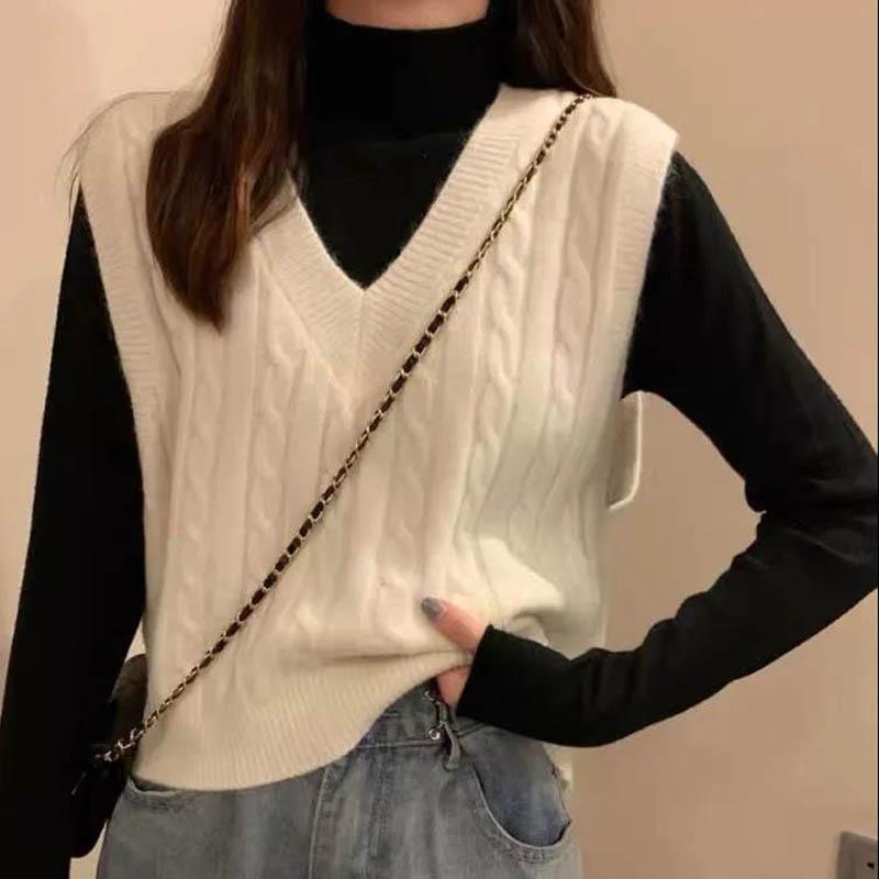 White V-neck Vest Vest Sweater Sweater Spring and Autumn Women Korean Version Loose Short Outer Jacket