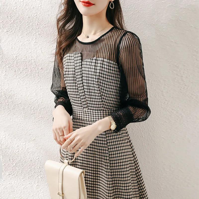 Dress Women's 2021 Spring and Autumn Waist Waist Slimming Plaid A-line Dress