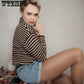 Heap Pile Neck Sweater Women Loose Casual High Neck Sweater Spring Autumn Striped Pullover Sweater