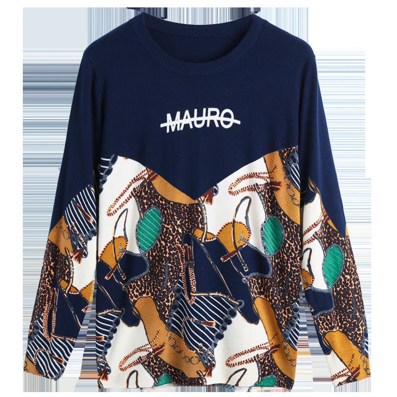 Autumn and Winter Printing Bottoming Shirt Women's Plus Size Casual Sweater Fashion Round Neck Printed Sweater