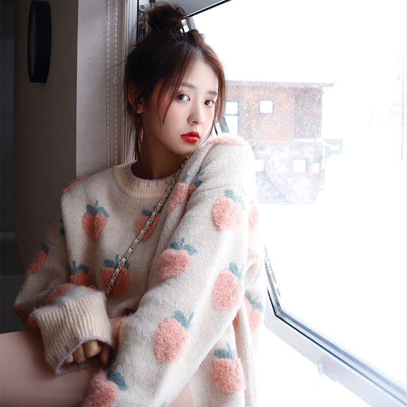 Autumn Winter Sweet Lolita Cute Pink Cartoon Fruit Pattern Knitted Casual Pullover Loose Sweater Long Style Top Outwears