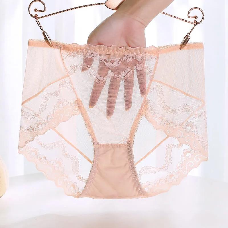 Black Plus Size Mid High Waist Panties Ladies Sexy Lace Mesh Seamless Transparent Ladies Briefs Transparent Hollow Out Panties