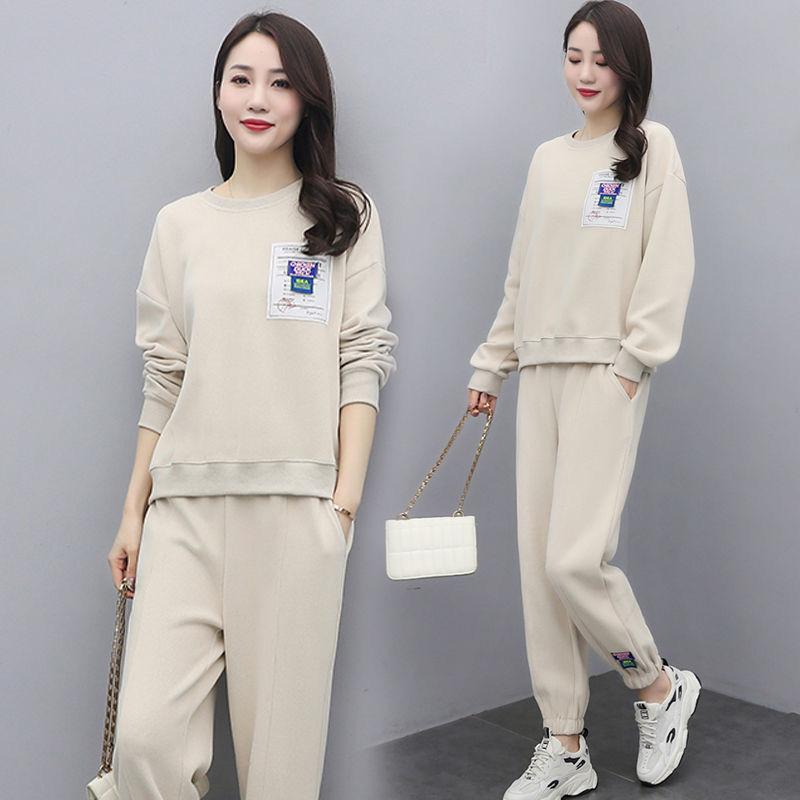 Sportswear Suit Women Loose and Thin Pullover Sweater Casual Two-piece Round Neck Long-sleeved Shirt + Casual Sports Pants Warm and Comfortable