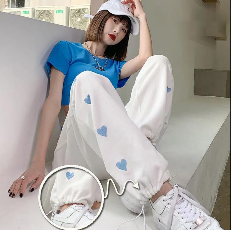 Summer Thin European and American Girl Style Love Sports Pants Women's Beam Feet White Loose Casual Pants Straight Spring Tide Ins