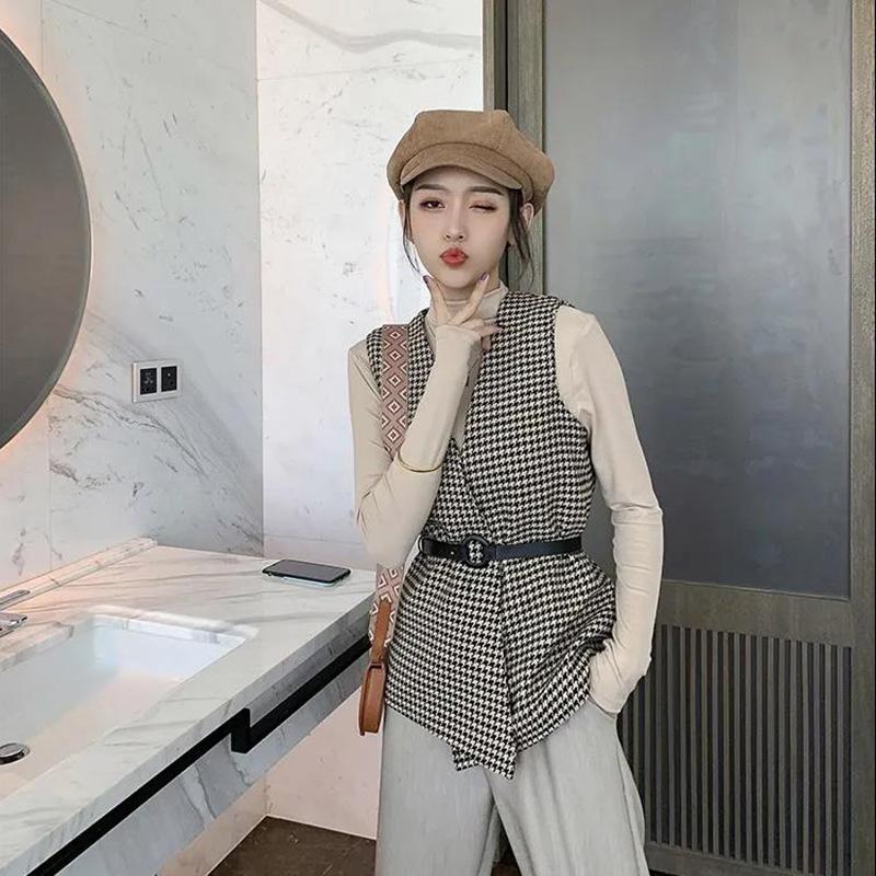 Houndstooth Women's Vest Sleeveless Spring and Autumn Casual Coat Waistcoats with Belt