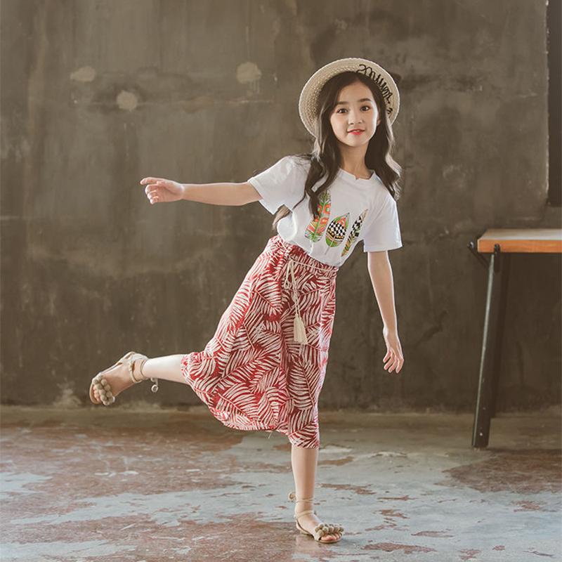 Girls' Summer Fashionable Suits Big Kids Children's Clothes Western Style Wide-leg Pants Printed Two-piece Suit