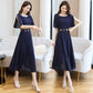 Spring Summer Chiffon Dress Female Short-sleeved Round Neck Mid-length Solid Color Over-the-knee Long Skirt Waist Is Thin