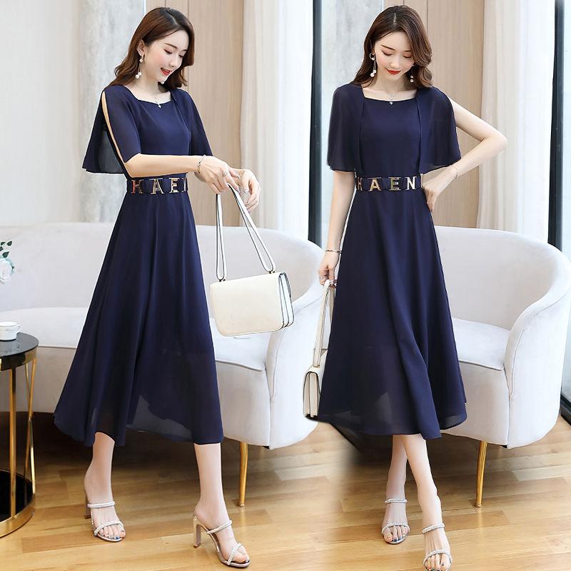 Spring Summer Chiffon Dress Female Short-sleeved Round Neck Mid-length Solid Color Over-the-knee Long Skirt Waist Is Thin