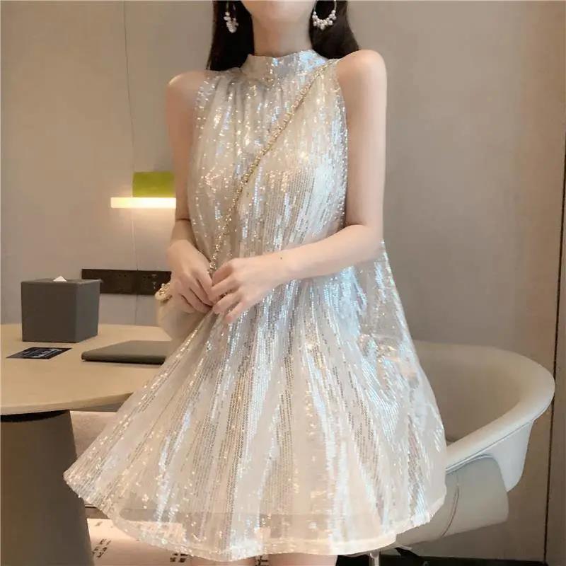 Tutu Sequins Shiny  Women's Summer Vest Dress Sleeveless Round Neck Knee-length Daily Wear Home Dating Party
