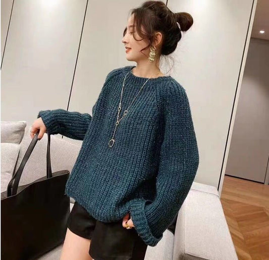 Fashion Loose Crewneck Sweater Bright Silk Knitted Knit Sweater Women's Lazy Wind Long Sleeve Thickened Sweater