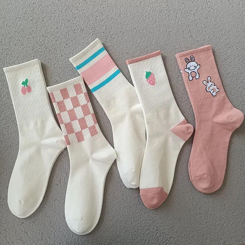 Five Pairs of Women's Cotton Korean Fashion Socks White Cartoon Pattern Stockings
