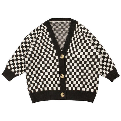 Spring and Autumn Children's Wear Long Sleeve Knit Cardigan Fashion Check Loose Sweater Jacket