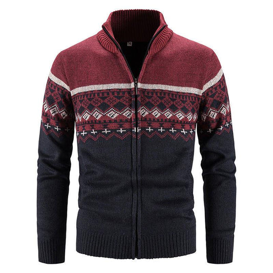 Men's Sweater Stitching Plus Fleece Warm Zipper Sweater Autumn and Winter Coat Loose Cardigan Sweater