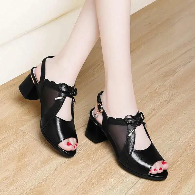Soft Leather Fish Mouth Sandals Mesh Summer Mid-heel Comfortable Sandals Women's Soft-soled Work Shoes High-heeled Sandals